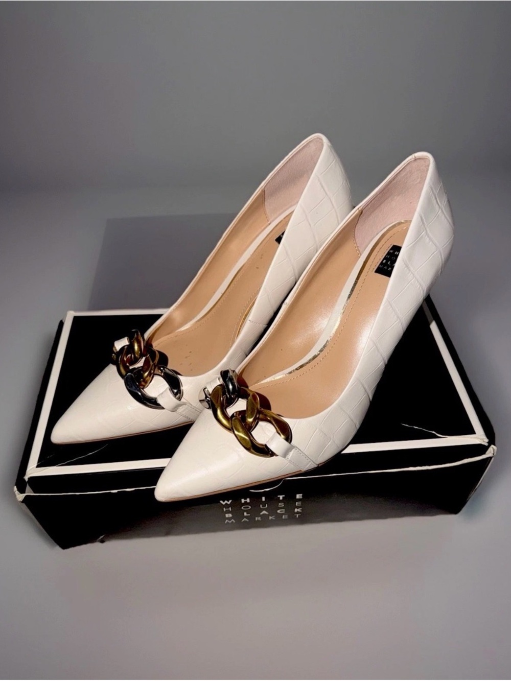 Pointed White Chain-Embellished Croc-Effect Pumps